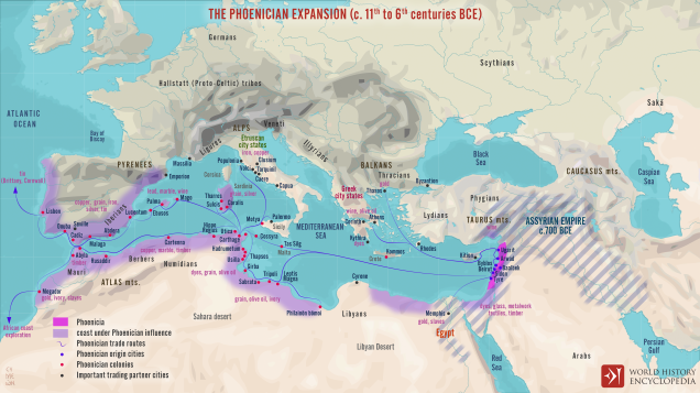 A map illustrating the expansion of the Phoenicians, including the trade routes and process of Phoenician colonization, from its origins in the Levant region of the eastern Mediterranean, until its height when it spanned from Cyprus to the Iberian Peninsula and beyond.